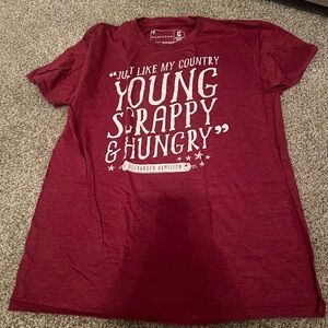 NWOT Hamilton musical young scrappy hungry graphic tee. Dark red. Size XL